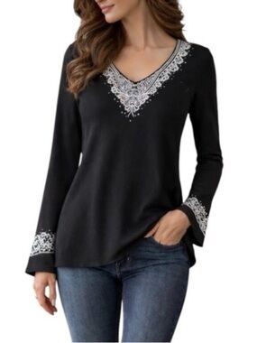 Reba Black Embroidered Beaded V-Neck Top Flare Sleeves Boho Western Tunic Large